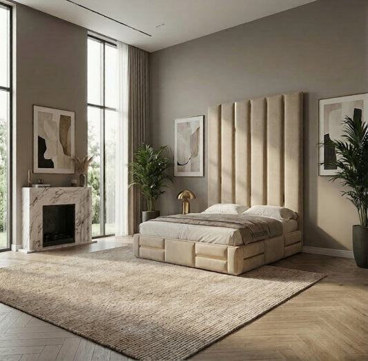 Slumber Symphony Tall Upholstered Panel Headboard Bed Frame In Gold Steel Inlay