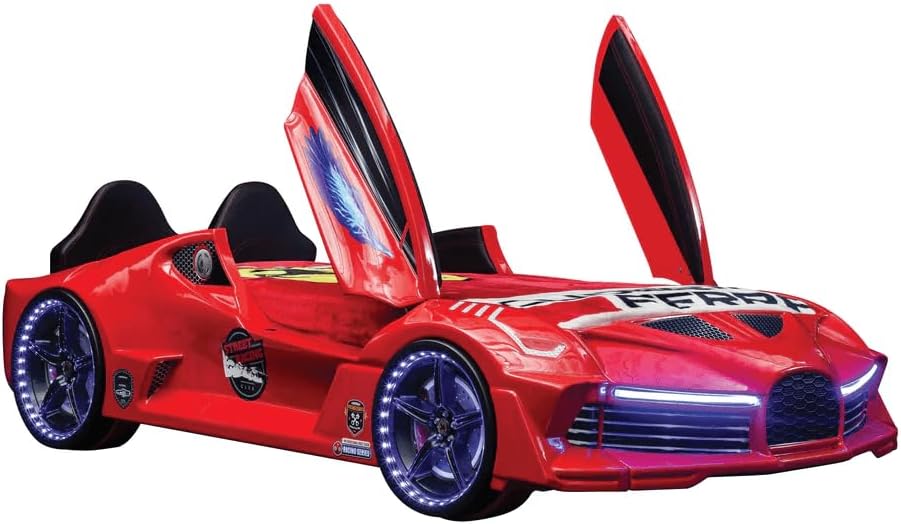 Racing Car Bed for Kids – LED lights, remote control, leather cushioning!