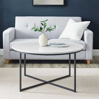 ALISSA 30" Round Marble MDF & Metal Coffee Table – Multi-Functional Storage