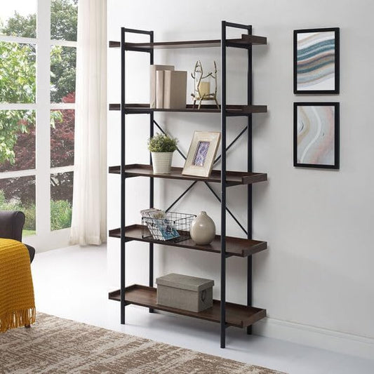 Industrial 5-Shelf Bookshelf, Rustic Wood & Black Metal Frame