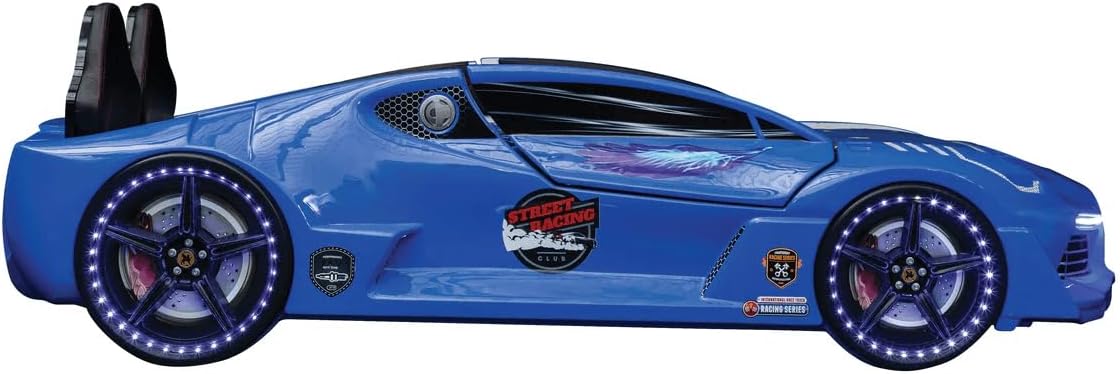 Racing Car Bed for Kids – LED lights, remote control, leather cushioning!