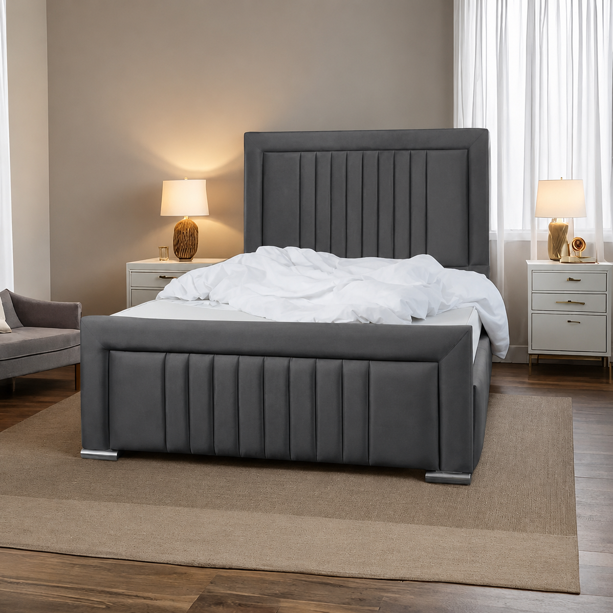 Dean Sand Upholstered Bed Frame – Modern Design, Sturdy Wood, Padded Headboard