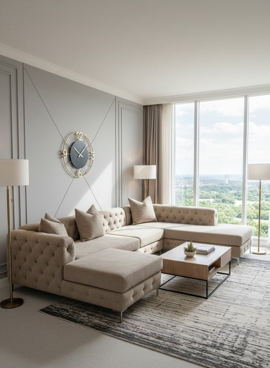 Pebble Velvet U Shaped 6 Seater Corner Sofa Chesterfield Velvet Chaise Couch