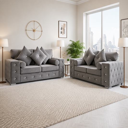 Grey Chesterfield Sofa in Plush Velvet 3 + 2