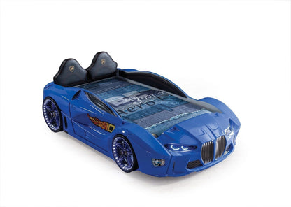 Racing Car Bed for Kids – LED lights, remote control, leather cushioning!