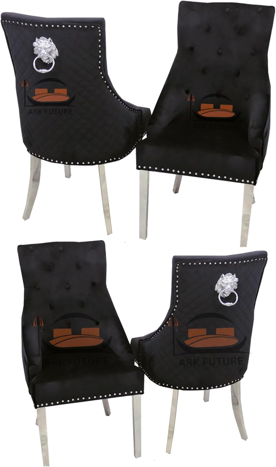 Bentley Luxury Velvet Dining Chairs – Chrome Legs, Lion Knocker