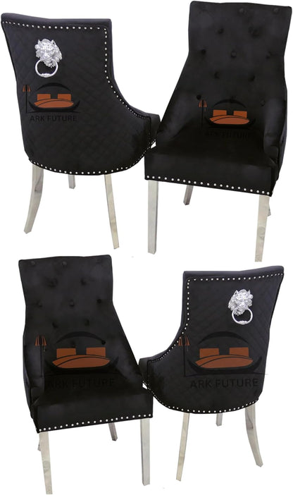 Bentley Luxury Velvet Dining Chairs – Chrome Legs, Lion Knocker