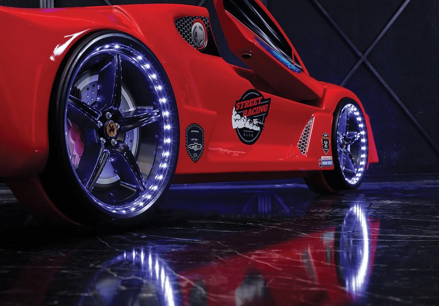 Racing Car Bed for Kids – LED lights, remote control, leather cushioning!