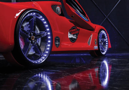 Racing Car Bed for Kids – LED lights, remote control, leather cushioning!
