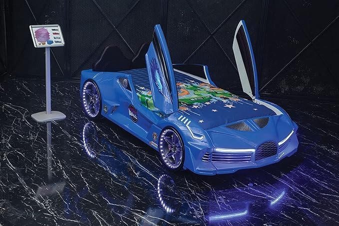 Racing Car Bed for Kids – LED lights, remote control, leather cushioning!