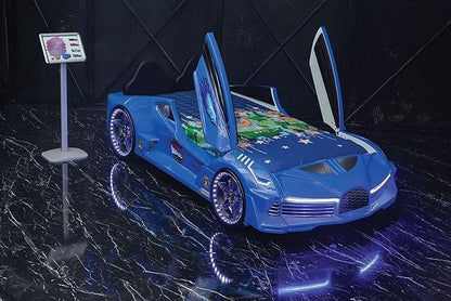 Racing Car Bed for Kids – LED lights, remote control, leather cushioning!