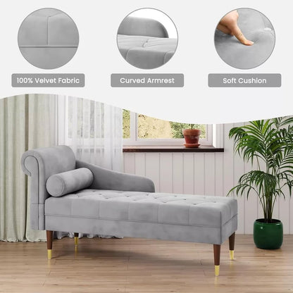 Velvet Chaise with Left  Armrest Sofa & Lumbar Pillow – Modern Upholstered Chair