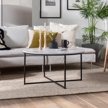 ALISSA 30" Round Marble MDF & Metal Coffee Table – Multi-Functional Storage