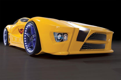 Racing Car Bed for Kids – LED lights, remote control, leather cushioning!