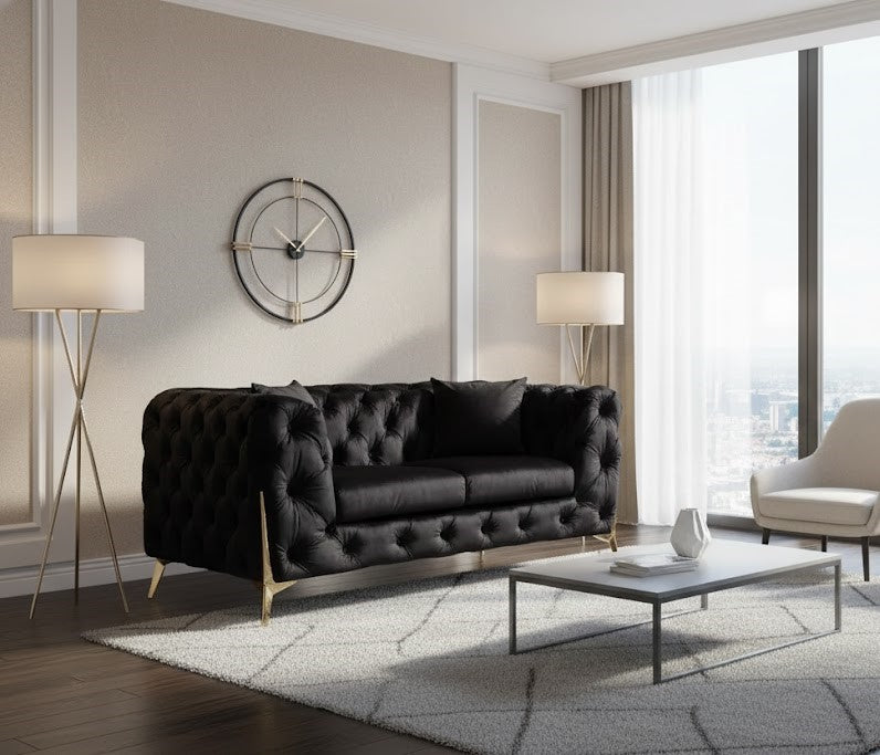 Oldhom Chesterfield 2 seater Sofa in Black Velvet & Gold Legs