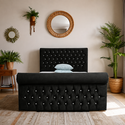 Aveline Upholstered Bed Frame with Velvet or Fabric Finish