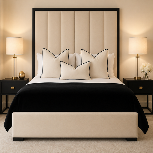 Ash Panel Bed Frame with Black Border and LED Lights