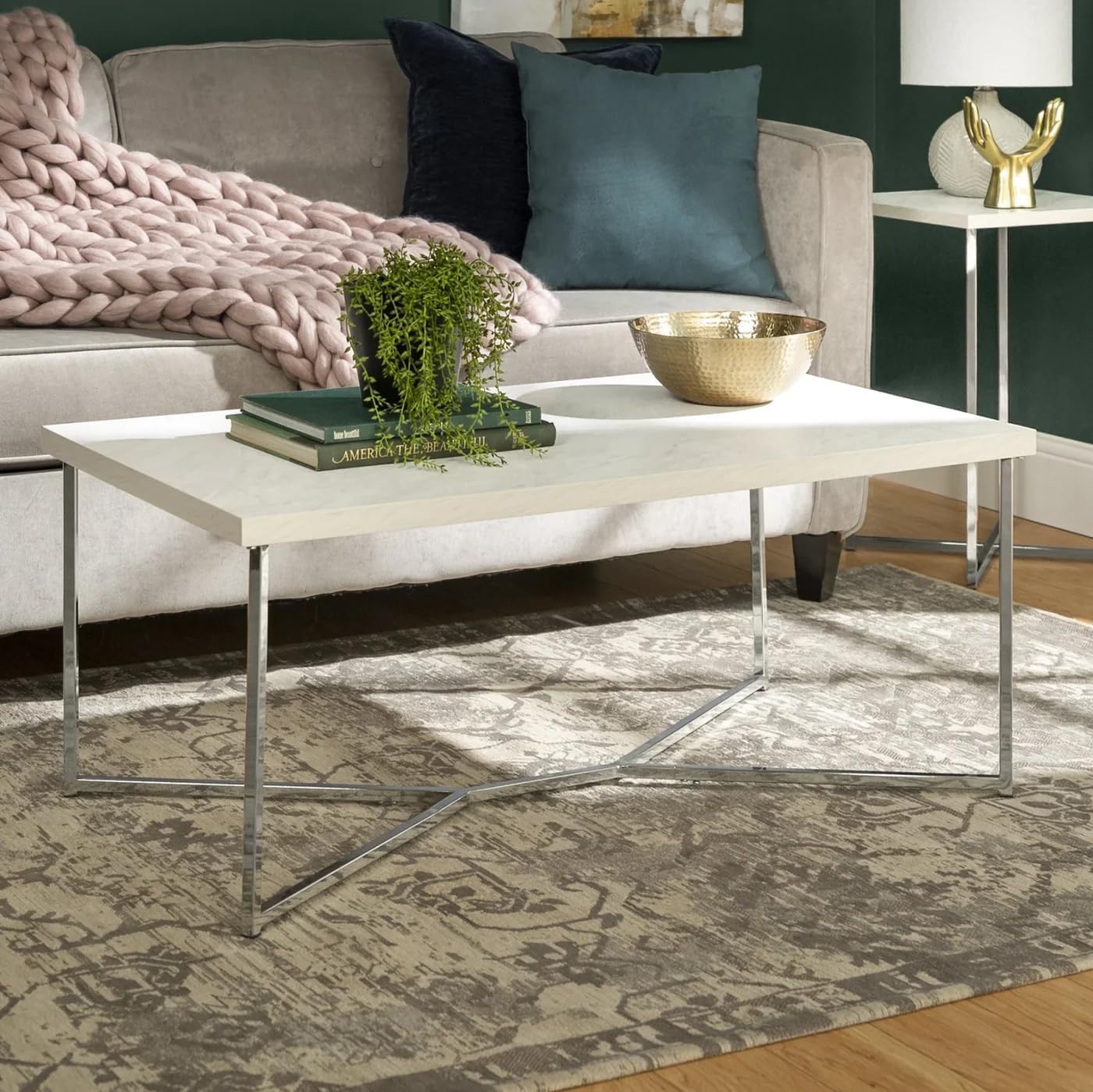 Modern Luxe Coffee Table - White Stone Top & Chrome Base