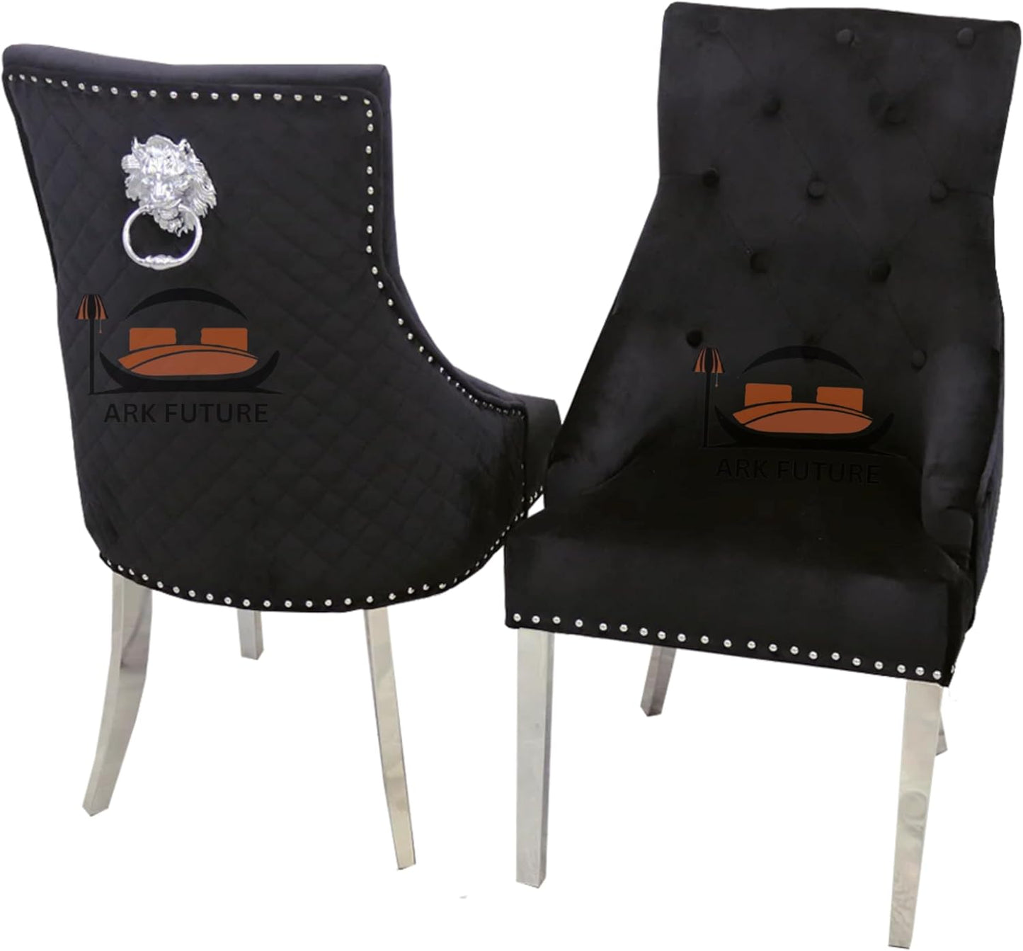 Bentley Luxury Velvet Dining Chairs – Chrome Legs, Lion Knocker