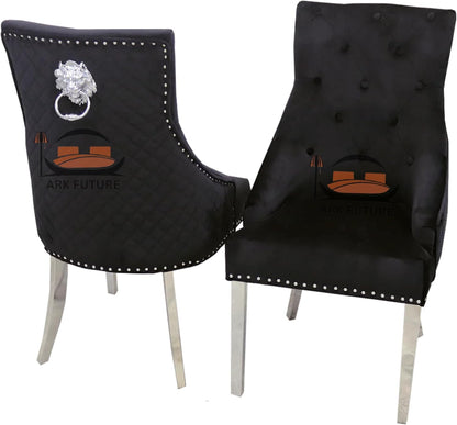 Bentley Luxury Velvet Dining Chairs – Chrome Legs, Lion Knocker