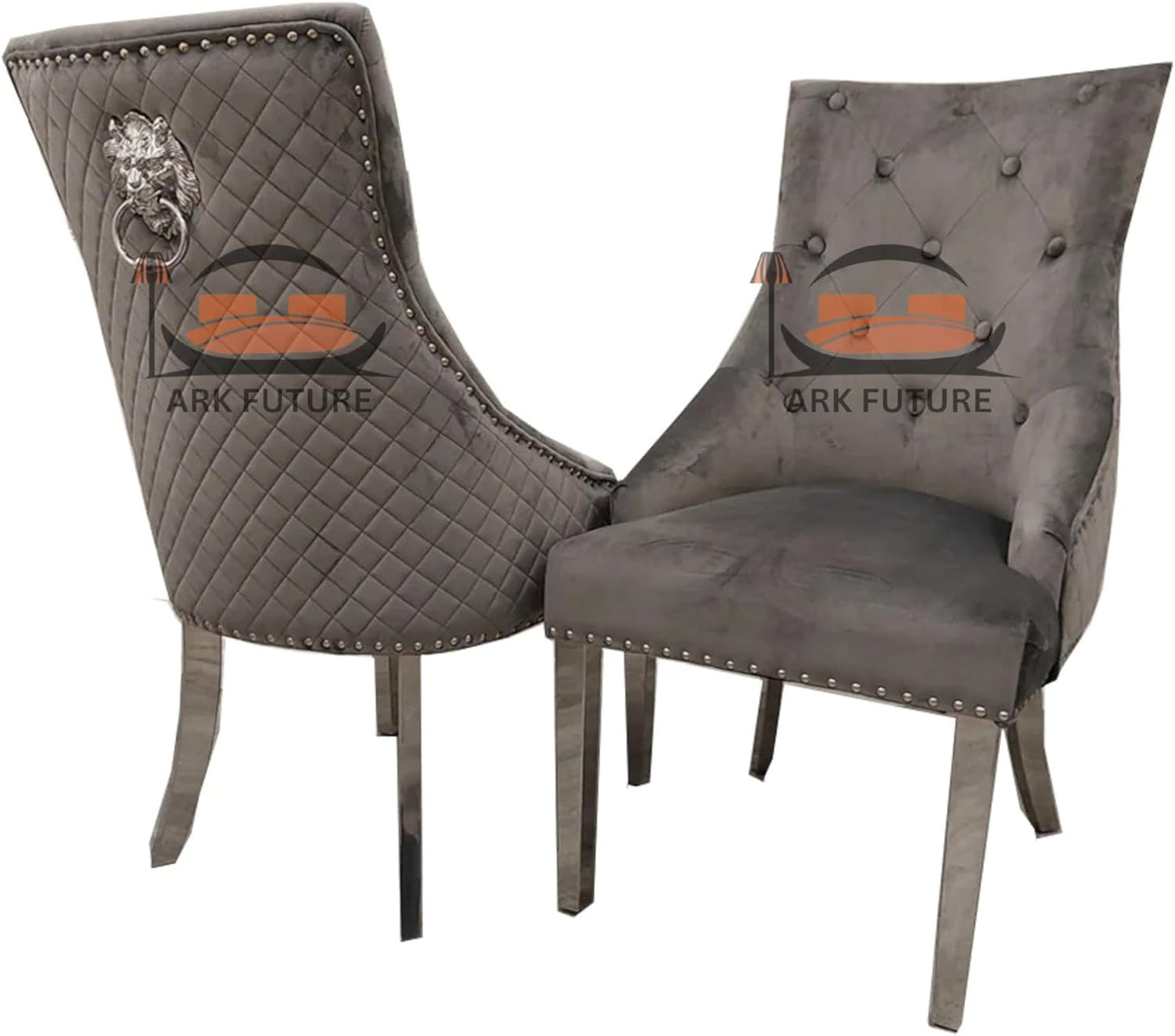 Bentley Luxury Velvet Dining Chairs – Chrome Legs, Lion Knocker