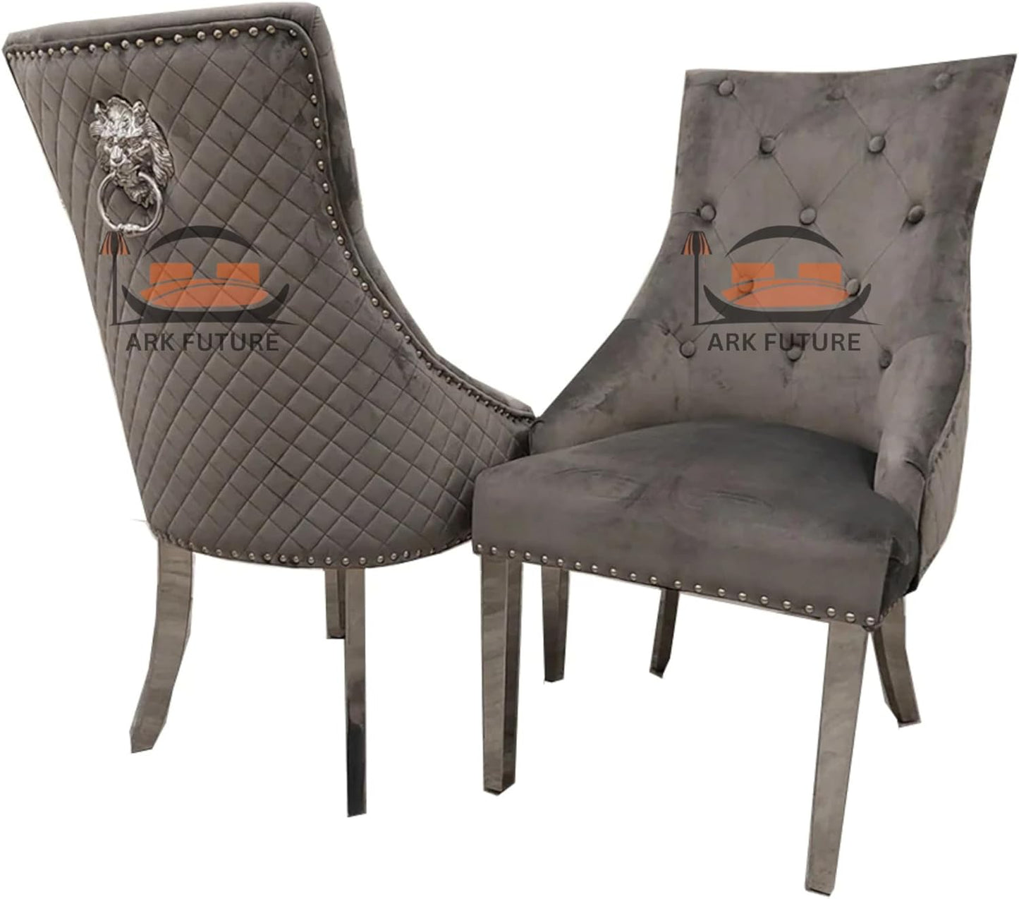 Bentley Luxury Velvet Dining Chairs – Chrome Legs, Lion Knocker