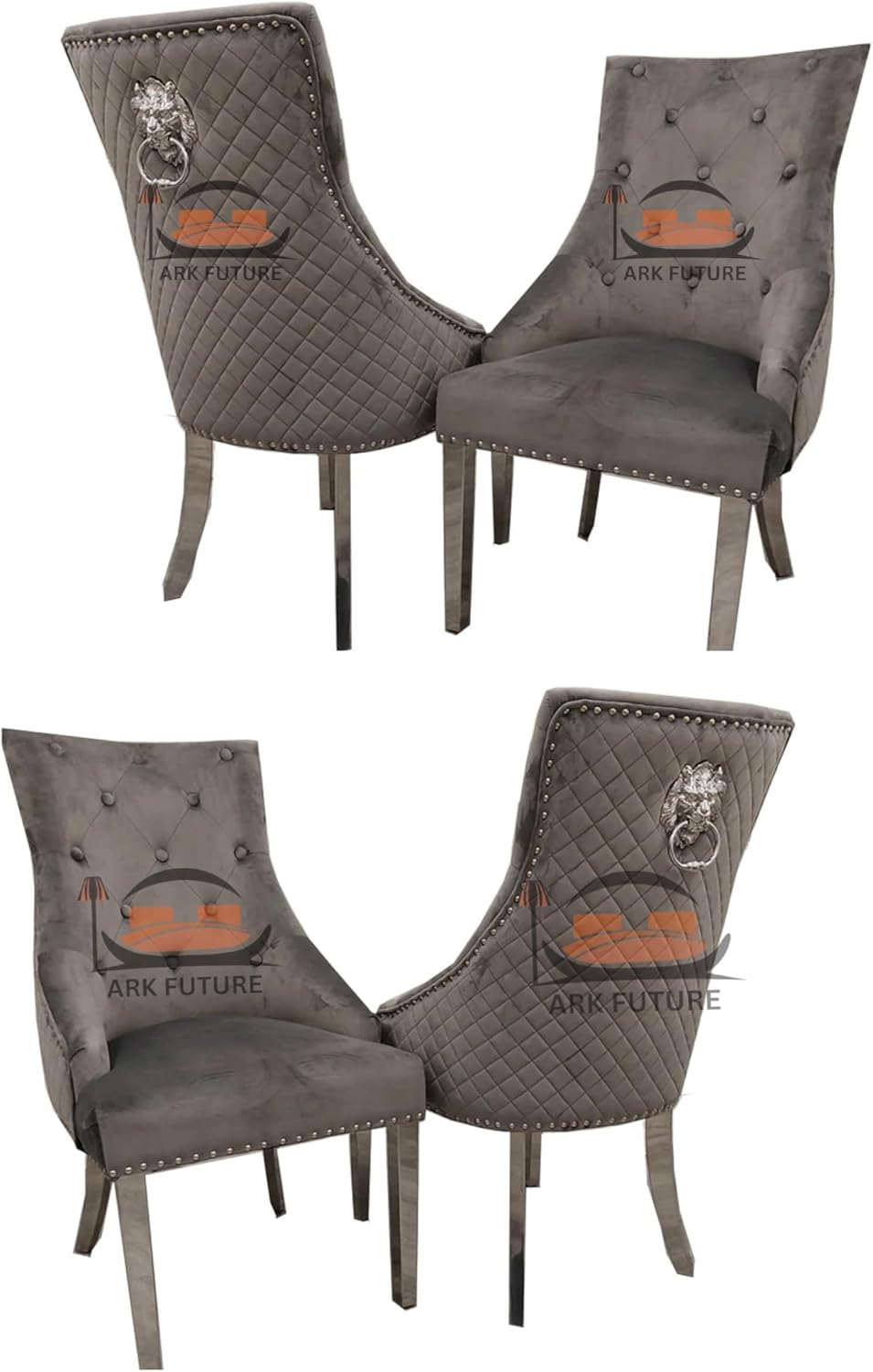 Bentley Luxury Velvet Dining Chairs – Chrome Legs, Lion Knocker