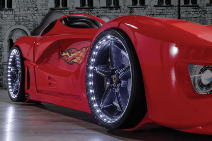 Racing Car Bed for Kids – LED lights, remote control, leather cushioning!