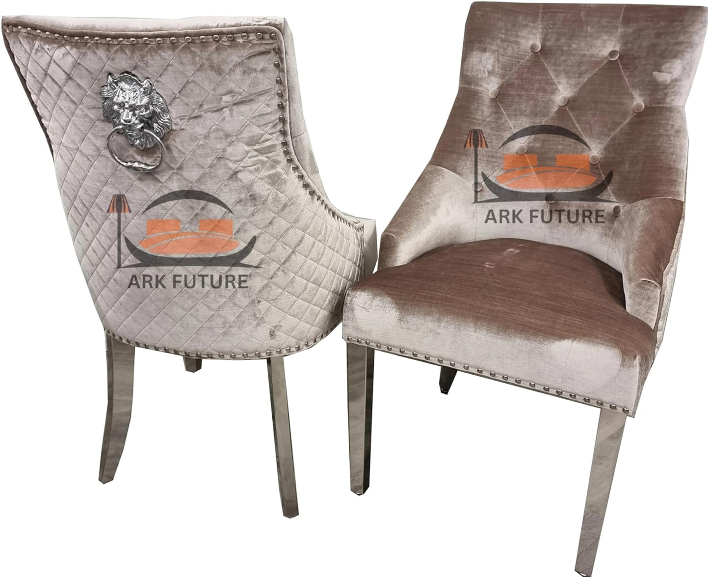 Bentley Luxury Velvet Dining Chairs – Chrome Legs, Lion Knocker