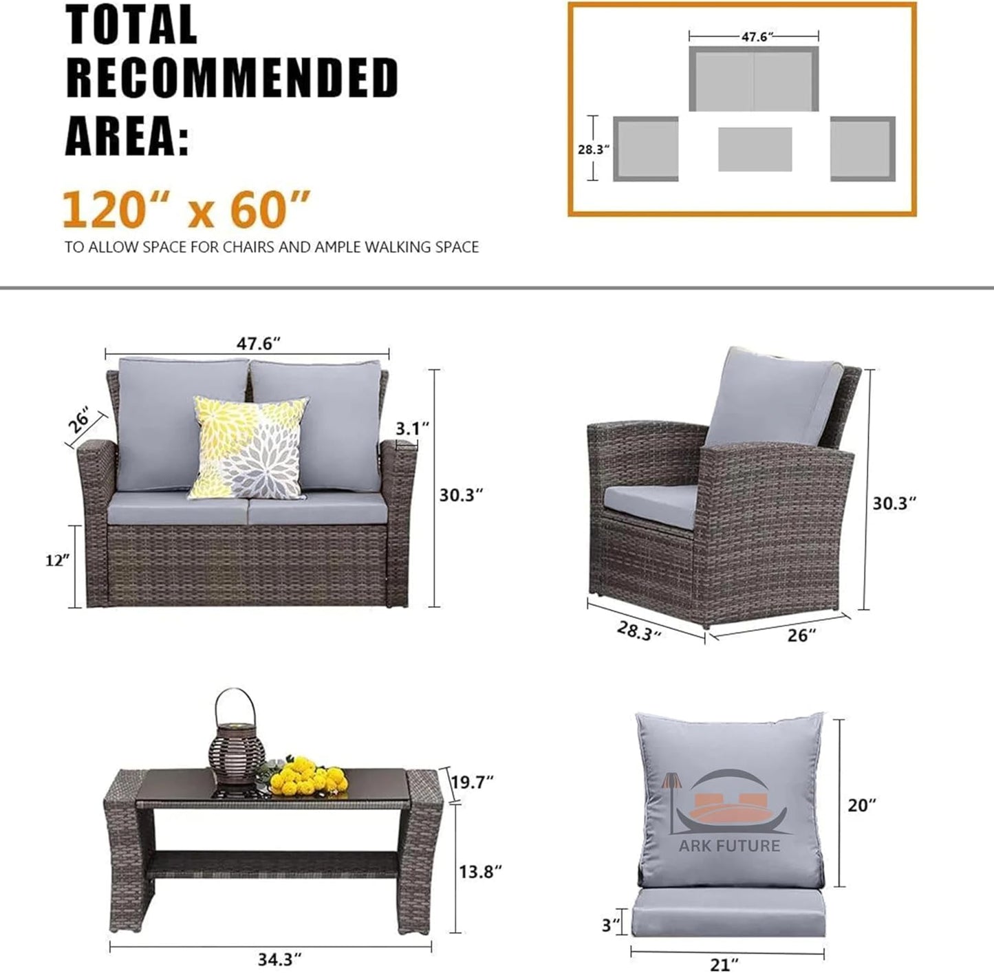Outdoor Rattan Furniture Set, 4 Pieces, Grey