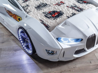 Racing Car Bed for Kids – LED lights, remote control, leather cushioning!