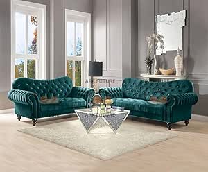 Siera Italian Chesterfield Green Plush Velvet Sofa in 3 Plus 2