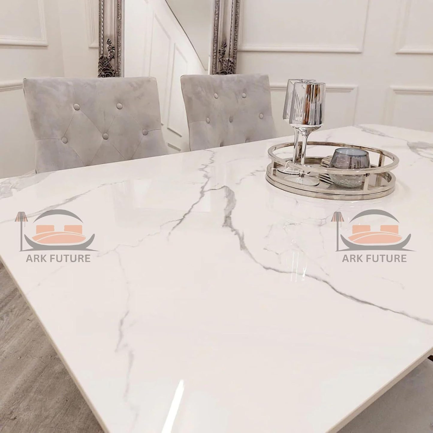 Lucien 1.6m Chrome Dining Table – Polar White Sintered Stone