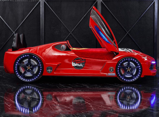 Racing Car Bed for Kids – LED lights, remote control, leather cushioning!