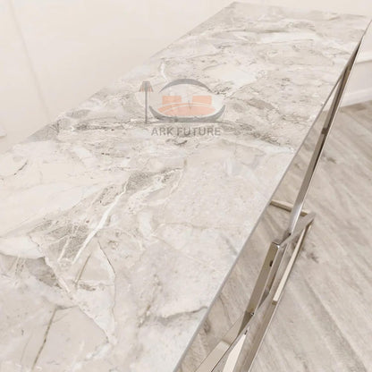 Vesta Chrome Console Table with Ash Sintered Stone Top