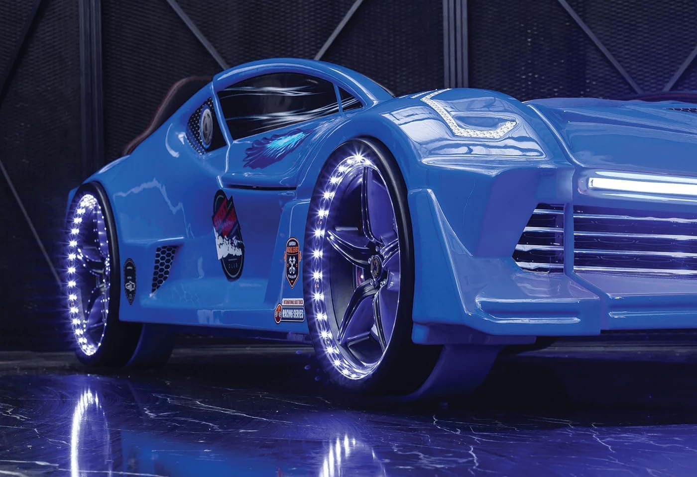 Racing Car Bed for Kids – LED lights, remote control, leather cushioning!