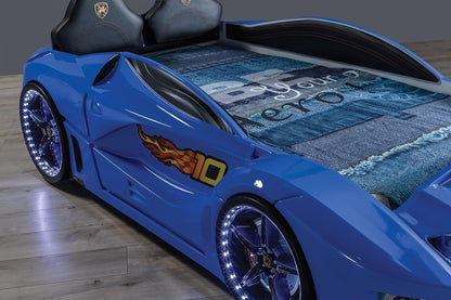 Racing Car Bed for Kids – LED lights, remote control, leather cushioning!