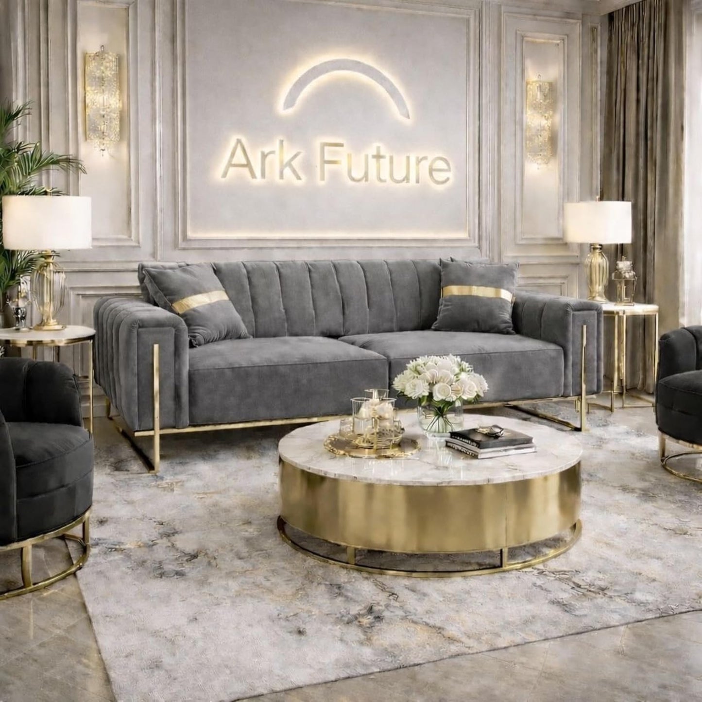 Genova 3+2 Seater Sofa Set Black Velvet with Gold Detailing