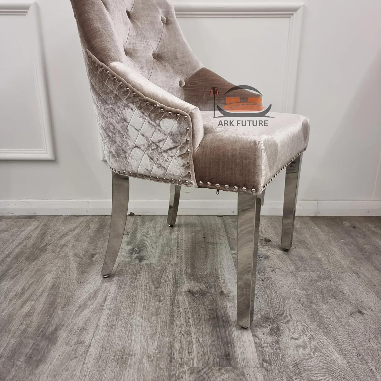 Bentley Luxury Velvet Dining Chairs – Chrome Legs, Lion Knocker