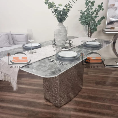 Luxury Roma Dining Table – Crystal Grey Marble Top with Textured Metal Stand