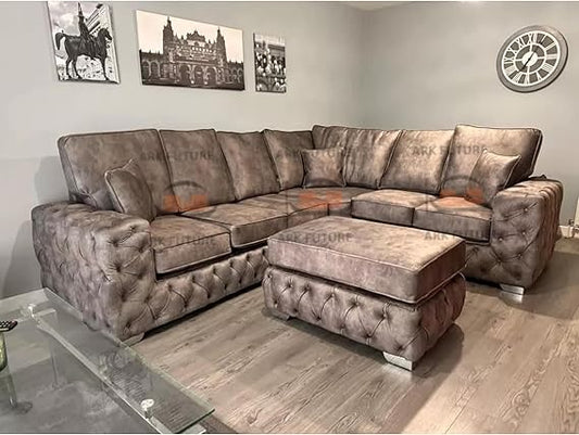 Ashton Chesterfield Corner Sofa – High Back Cushion L-Shaped Fabric Sofa with Matching Footstool
