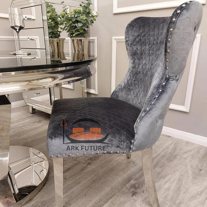 Elegant Chelsea Shimmer Velvet Dining Chairs – Chrome Legs & Lion Knocker, Set of 4