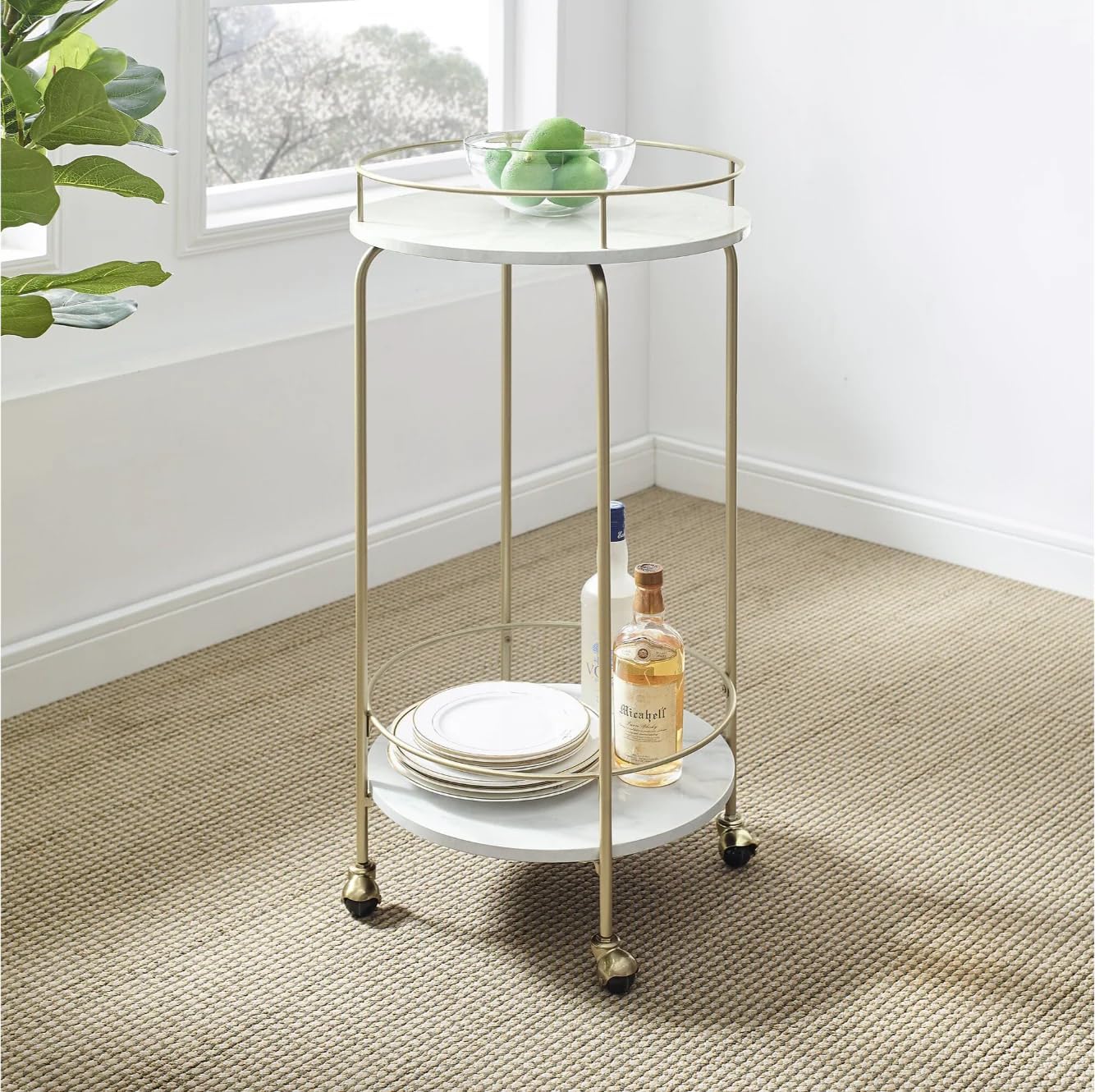 Faux Marble Bar Cart, Gold Frame, Four-Tier, 35-Inch Round Design
