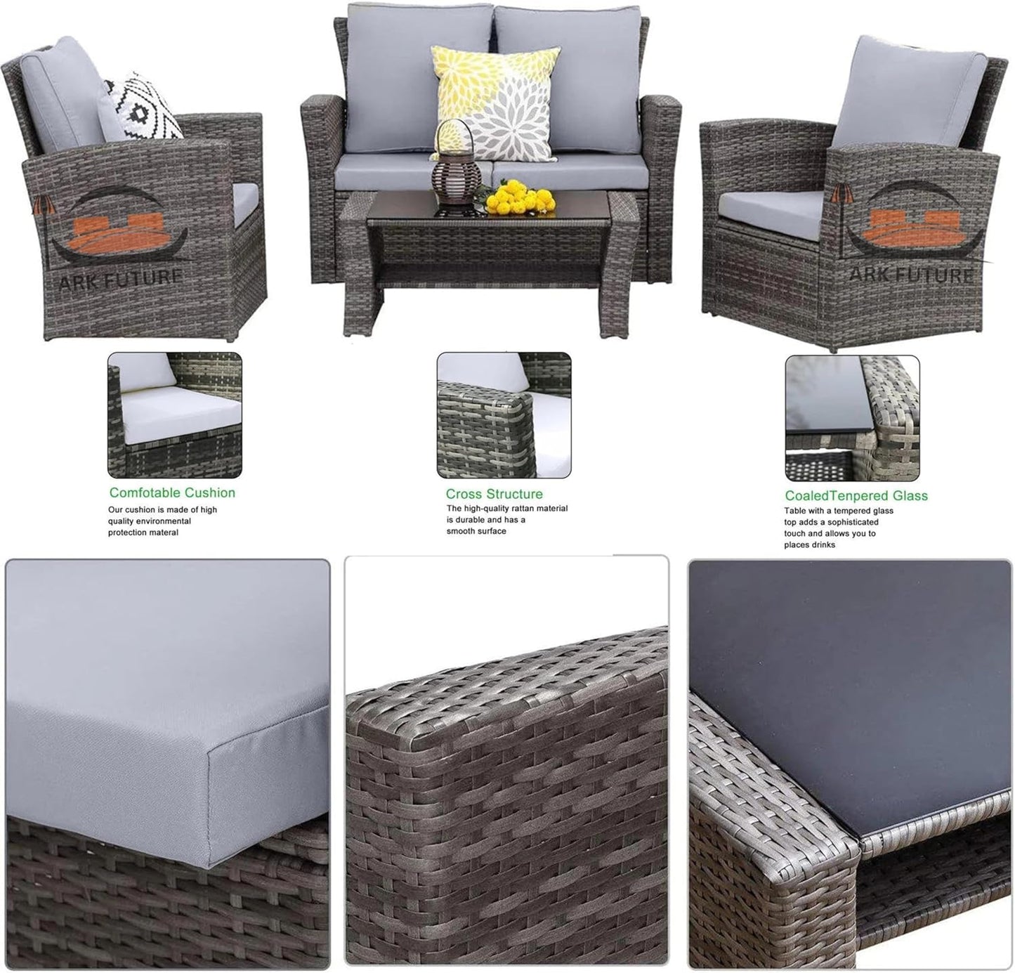 Outdoor Rattan Furniture Set, 4 Pieces, Grey