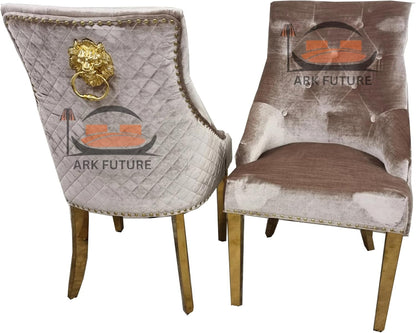 Bentley Luxury Velvet Dining Chairs – Gold Legs, Lion Knocker