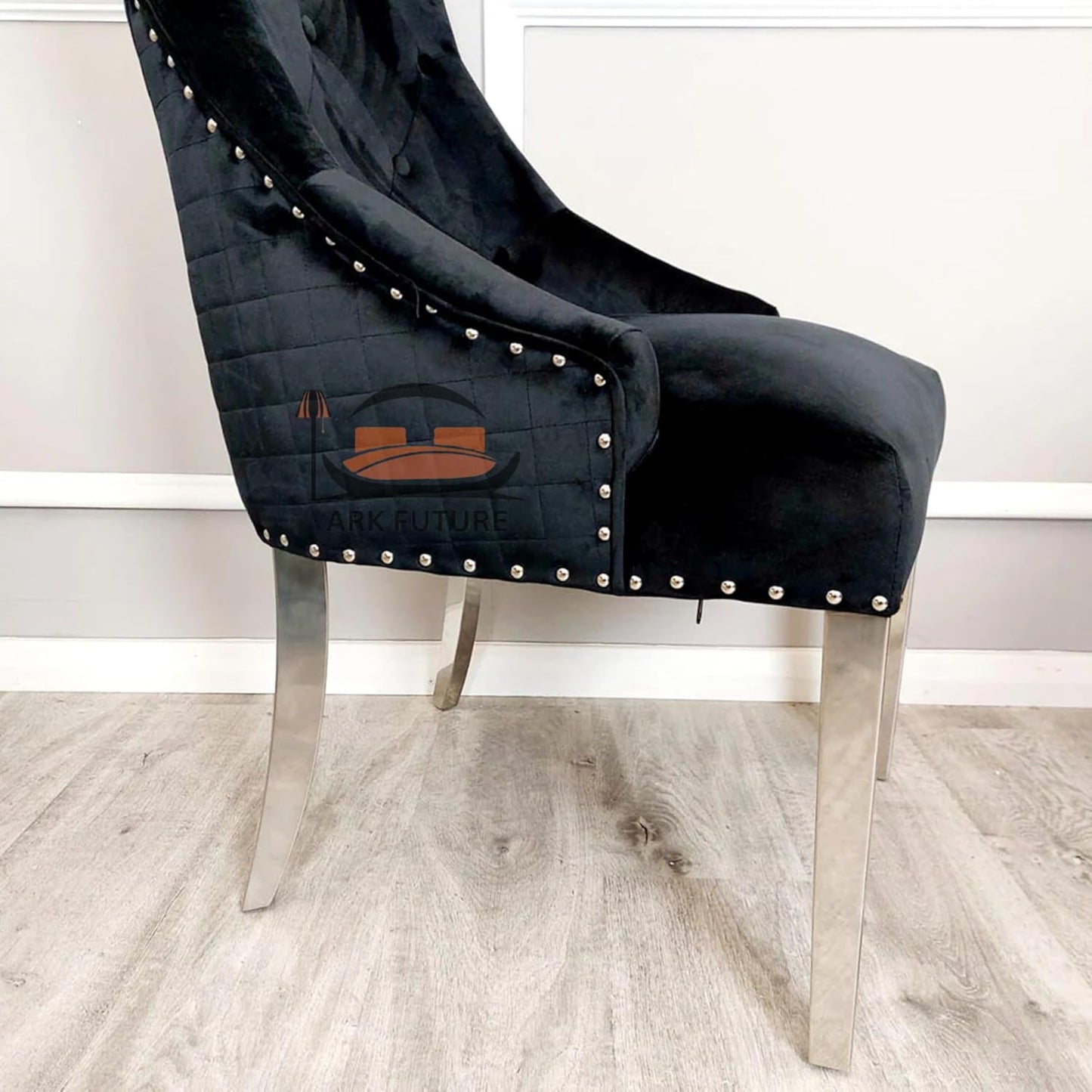 Bentley Luxury Velvet Dining Chairs – Chrome Legs, Lion Knocker