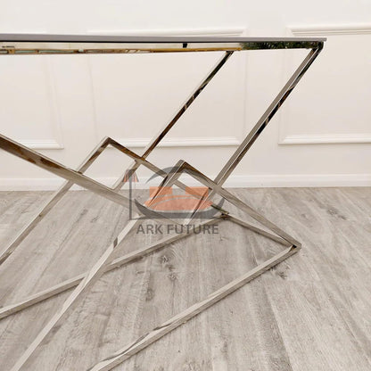 Vesta Chrome Console Table with Ash Sintered Stone Top