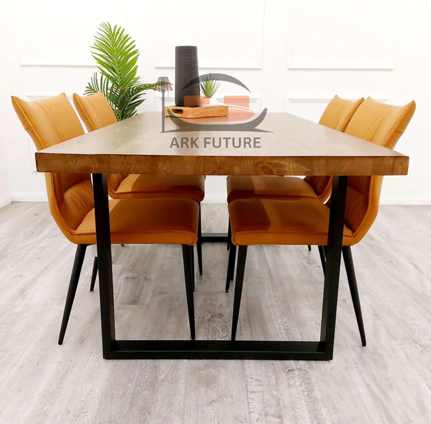 Freya 1.8m Solid Pine Dining Table with Black Metal Legs & 4 Flora Tan Leather Chairs
