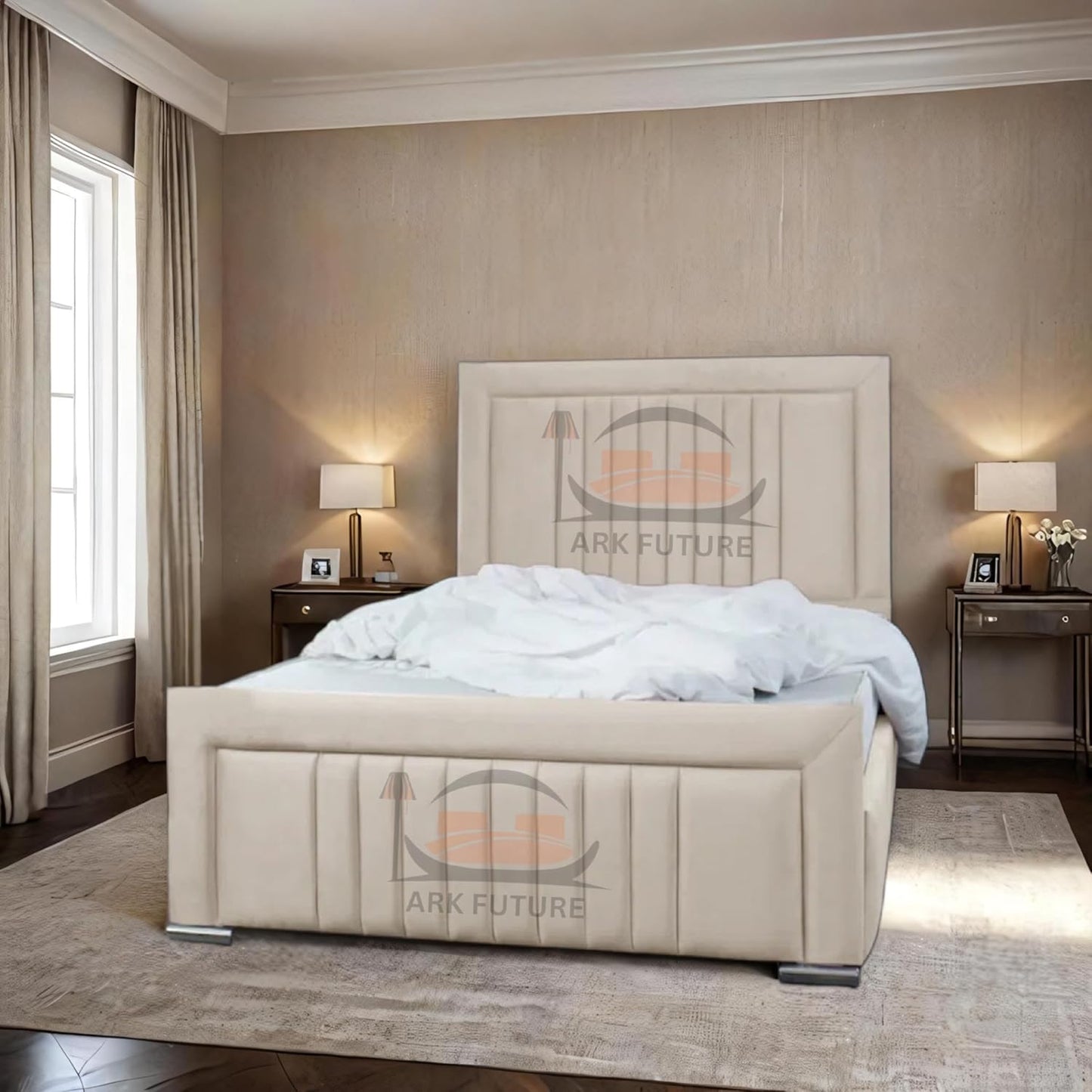 Dean Sand Upholstered Bed Frame – Modern Design, Sturdy Wood, Padded Headboard