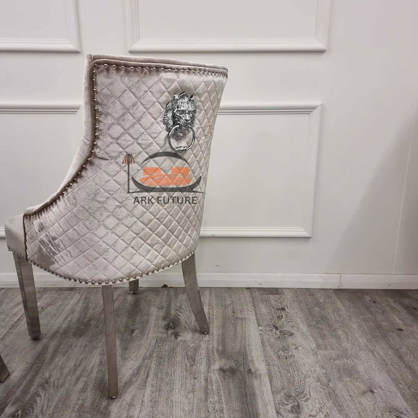 Bentley Luxury Velvet Dining Chairs – Chrome Legs, Lion Knocker